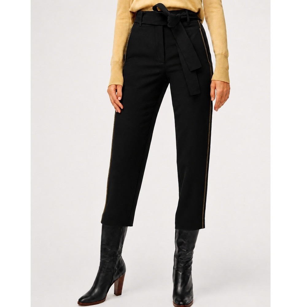 Wilfred Aritzia Black Jallade Crepe Trouser Pants Yellow Stitching Size 2